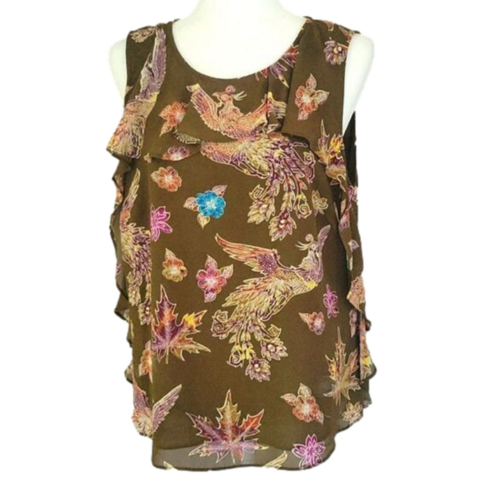 Large womens green fall theme sleeveless blouse BoHo flowy